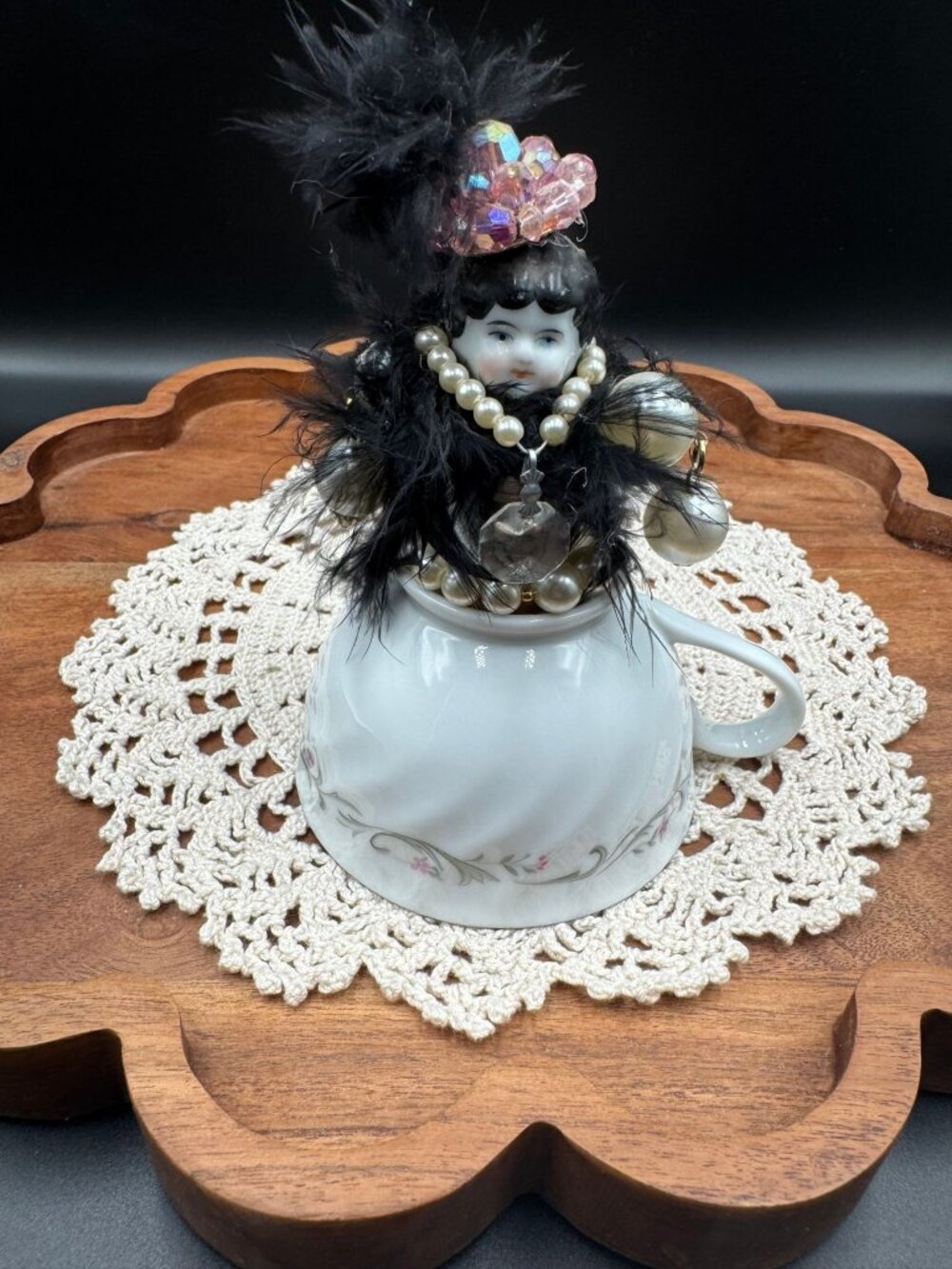 Porcelain China Head Spool Doll Teacup Assemblage Folk Art
